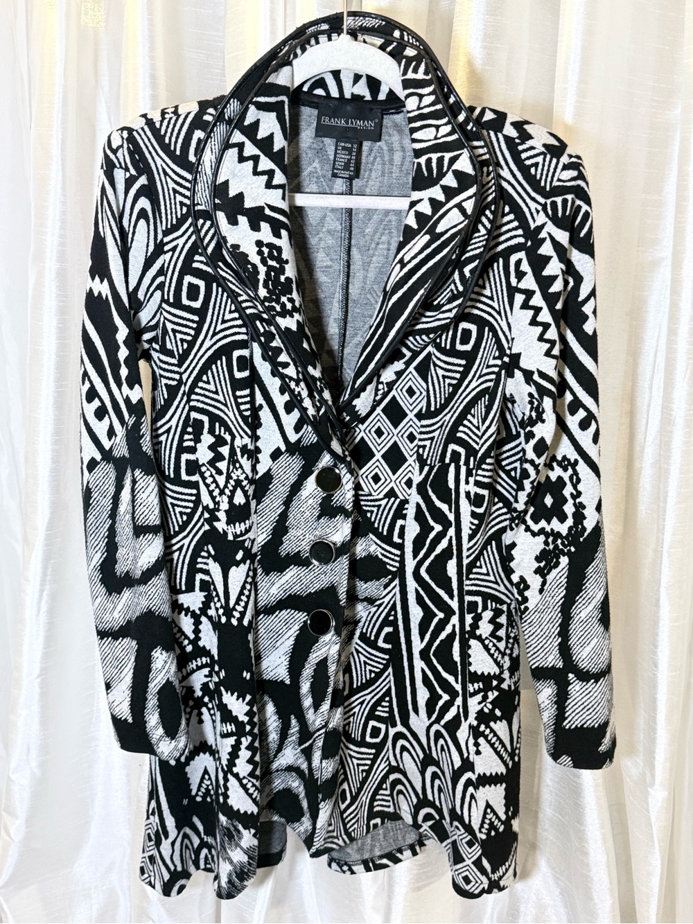 Frank Lyman Design Black & White Geometric Shawl Collar Cardigan